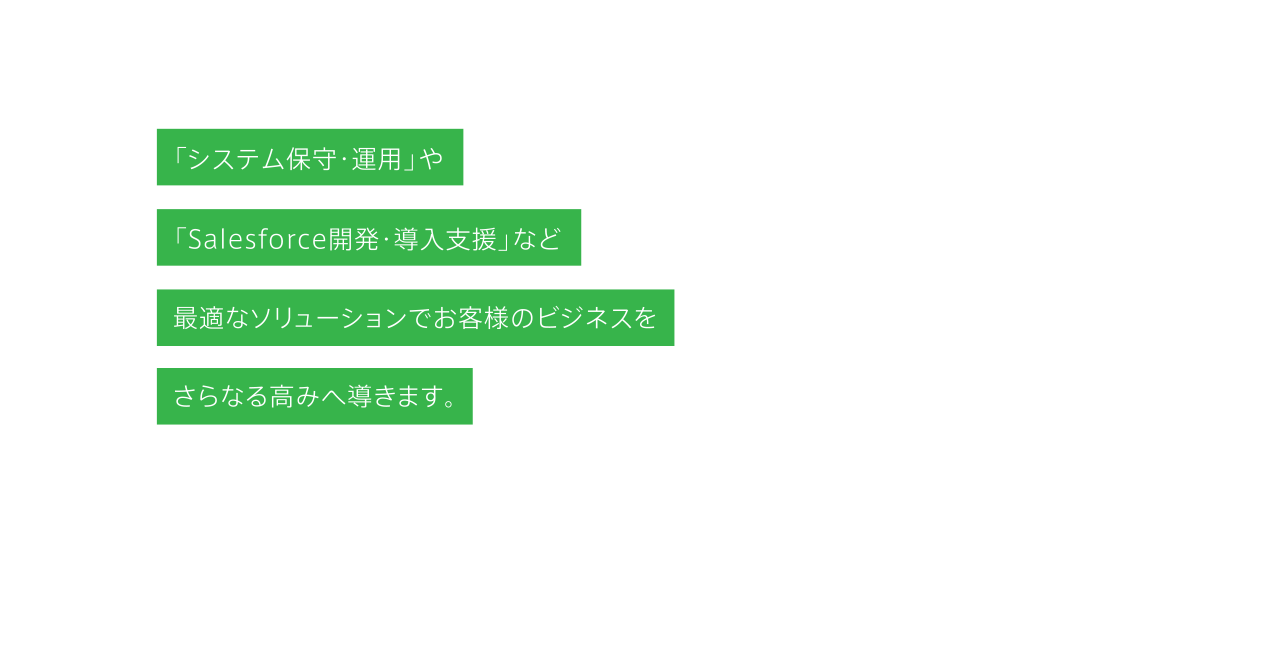 「システム保守・運用」や「Salesforce開発・導入支援」など最適なソリューションでお客様のビジネスをさらなる高みへ導きます。